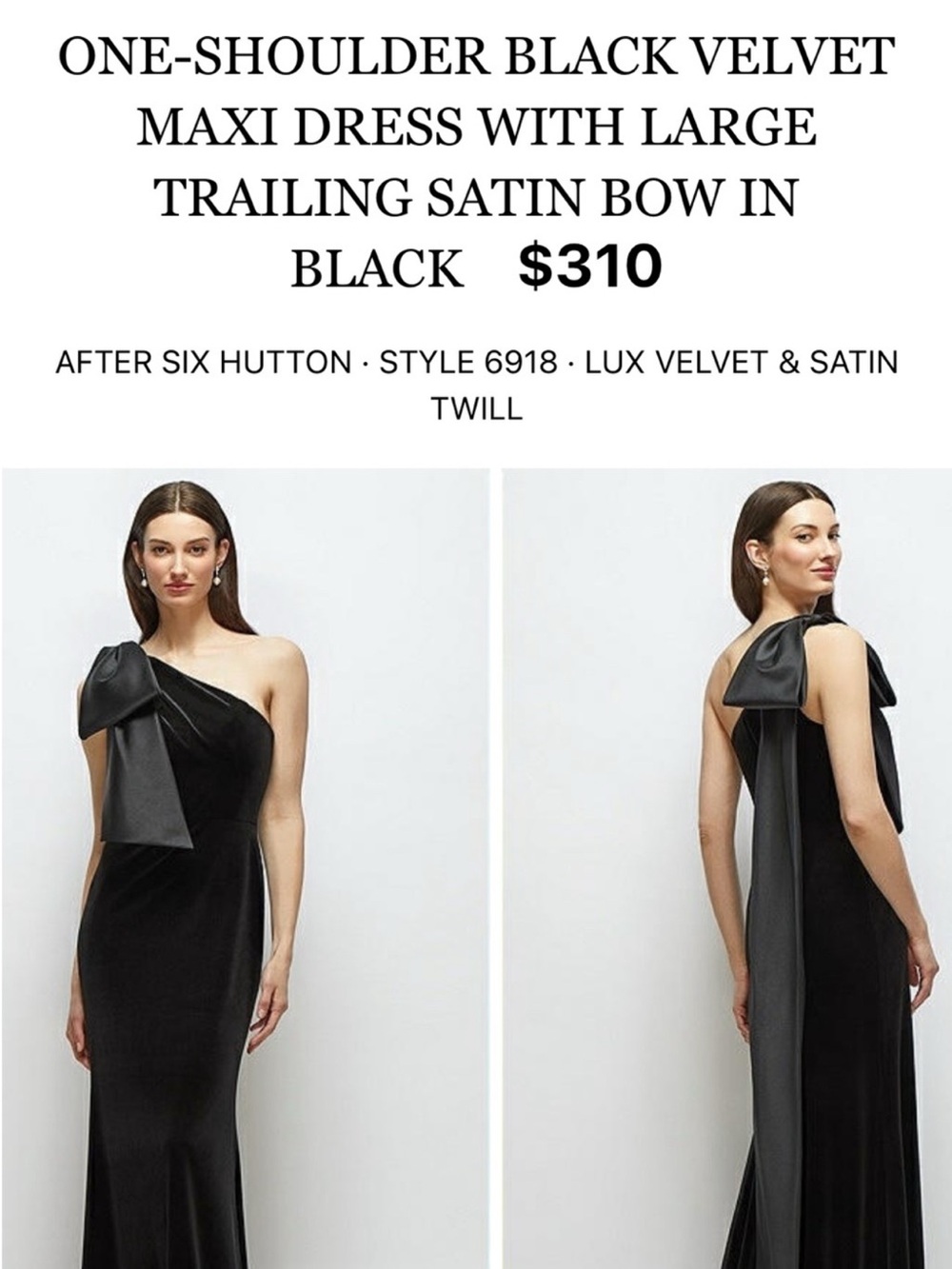 After Six Black One-Shoulder Velvet Gown with Satin Bow